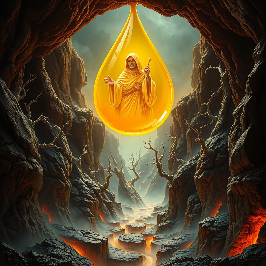 Phosphorescent Priest in Amber Droplet, Surreal Art