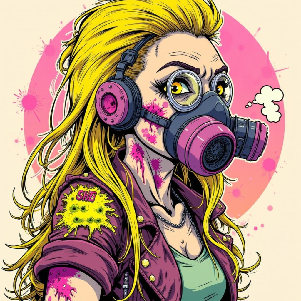 Bleeding Blonde Woman in Gas Mask, Pastel Satirical Cartoon ...