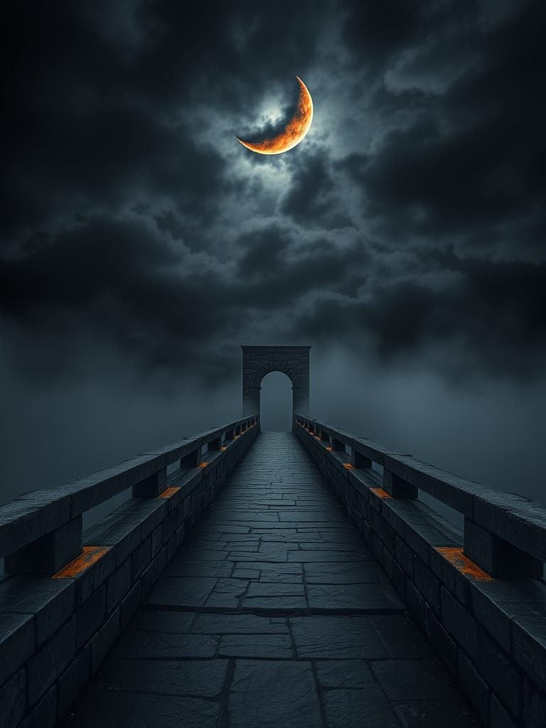 Ancient Stone Bridge in Fog with Torchlight