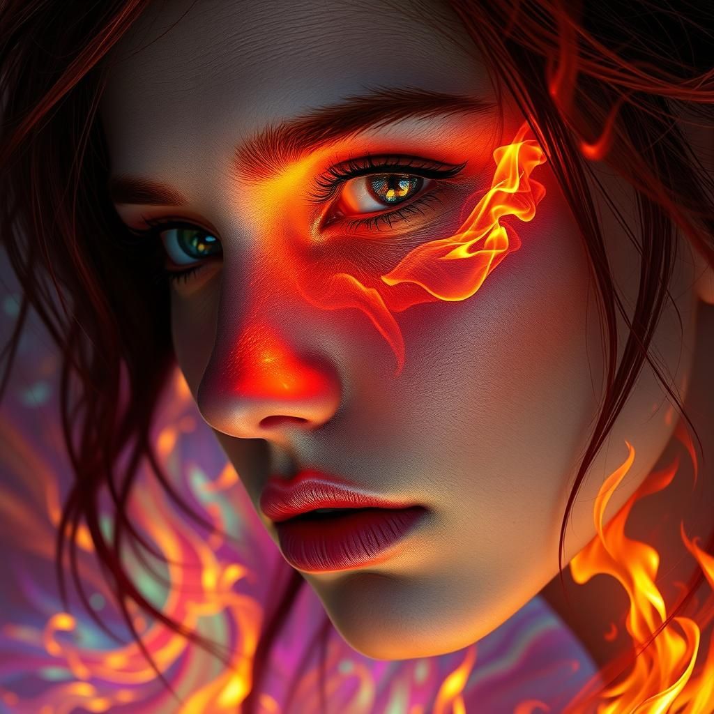 Ethereal Woman with Fiery Hair, Digital Art