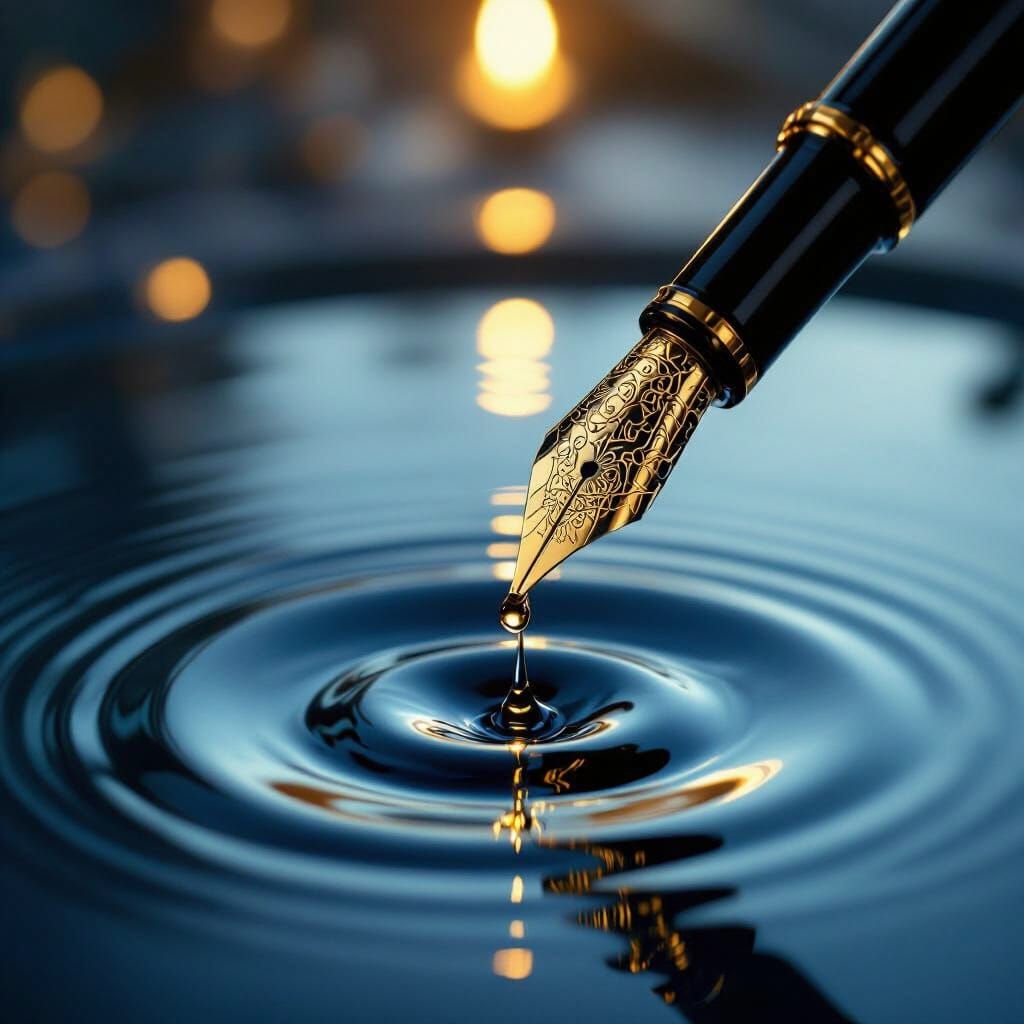 Ornate Quill Drops Golden Ink, Creating Ripples