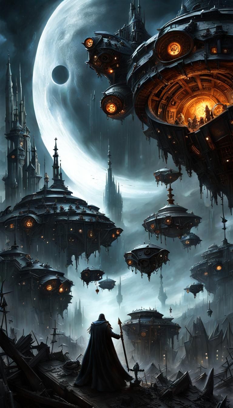 Dystopian City Silhouette Under Starry Cyberpunk Sky