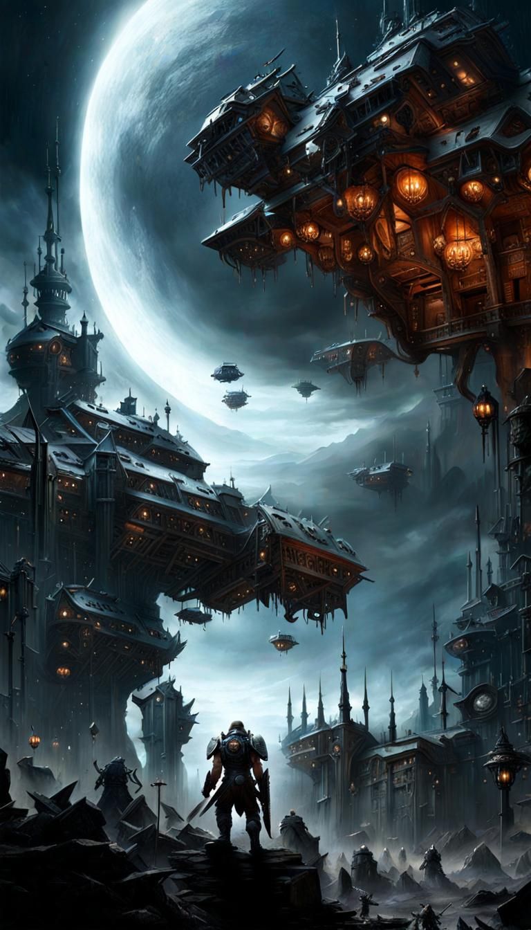 Dystopian Cityscape Under Starry Sky, Hyperdetailed Photogra...