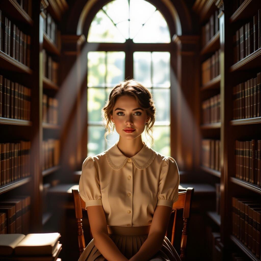 Vintage Portrait: Woman in Sunlit Library Corner