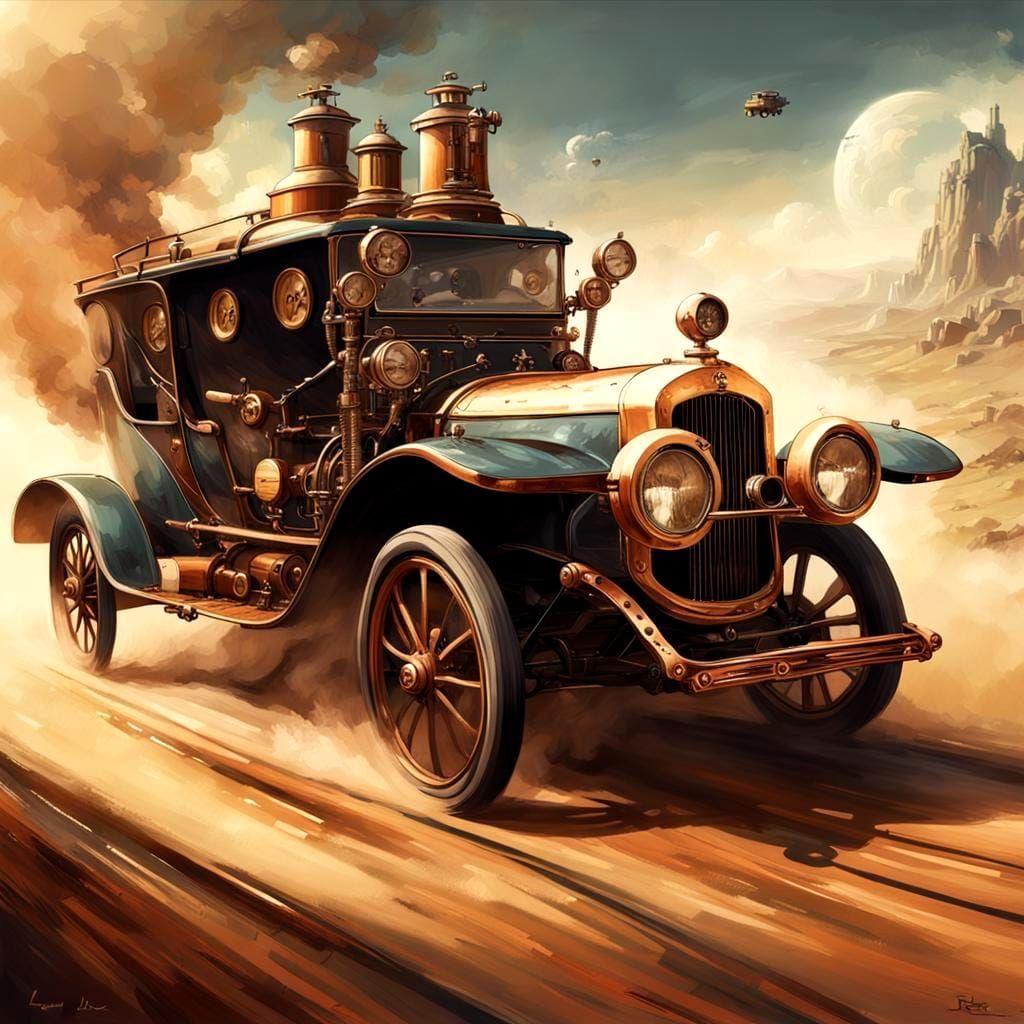 Steampunk Car Skids on Dusty Road