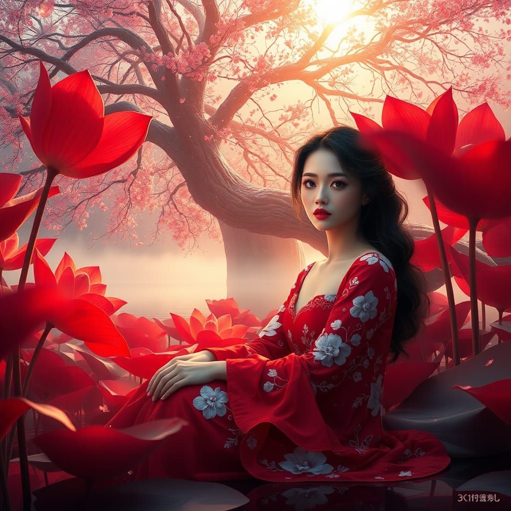 Woman in Lotus Garden, Fantasy Matte Painting