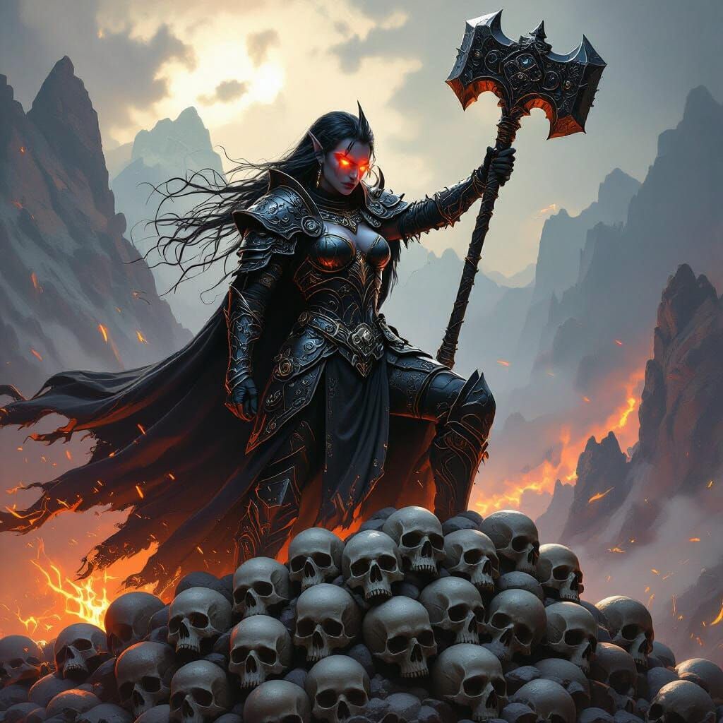 Drow Warrior on Skull Mountain in Dark Fantasy Style