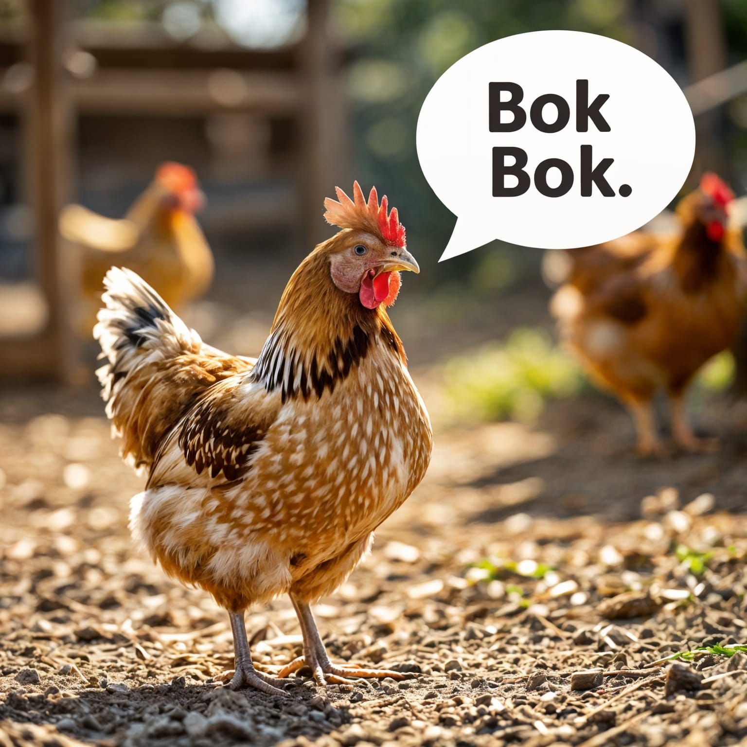 Photorealistic Chicken in Farmyard with Speech Bubble