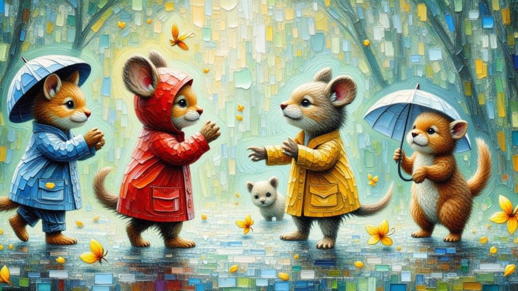 Animals Playing in Rainy Impasto Painting