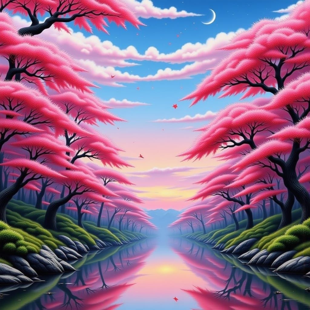 Vibrant Red Cherry Blossoms in Painterly Style