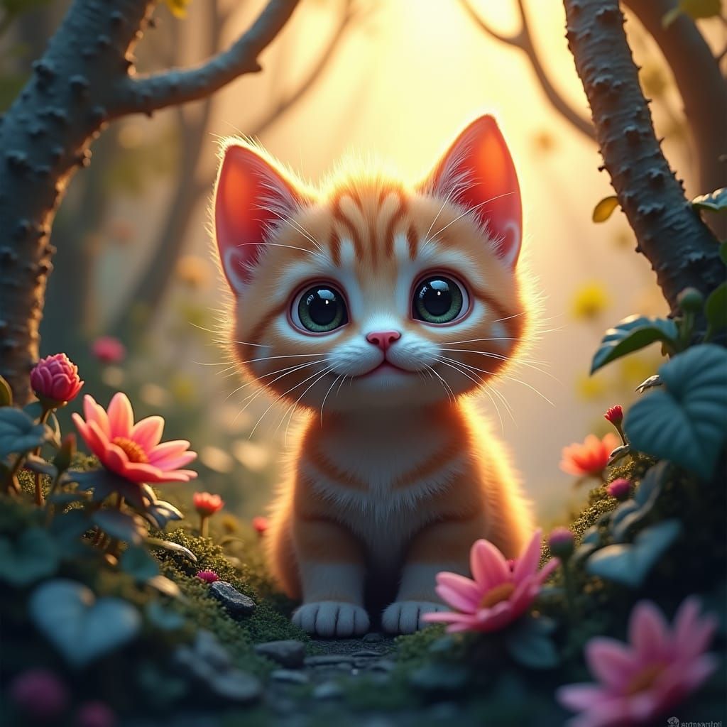Kitten in Surreal Foliage, Digital Matte Painting
