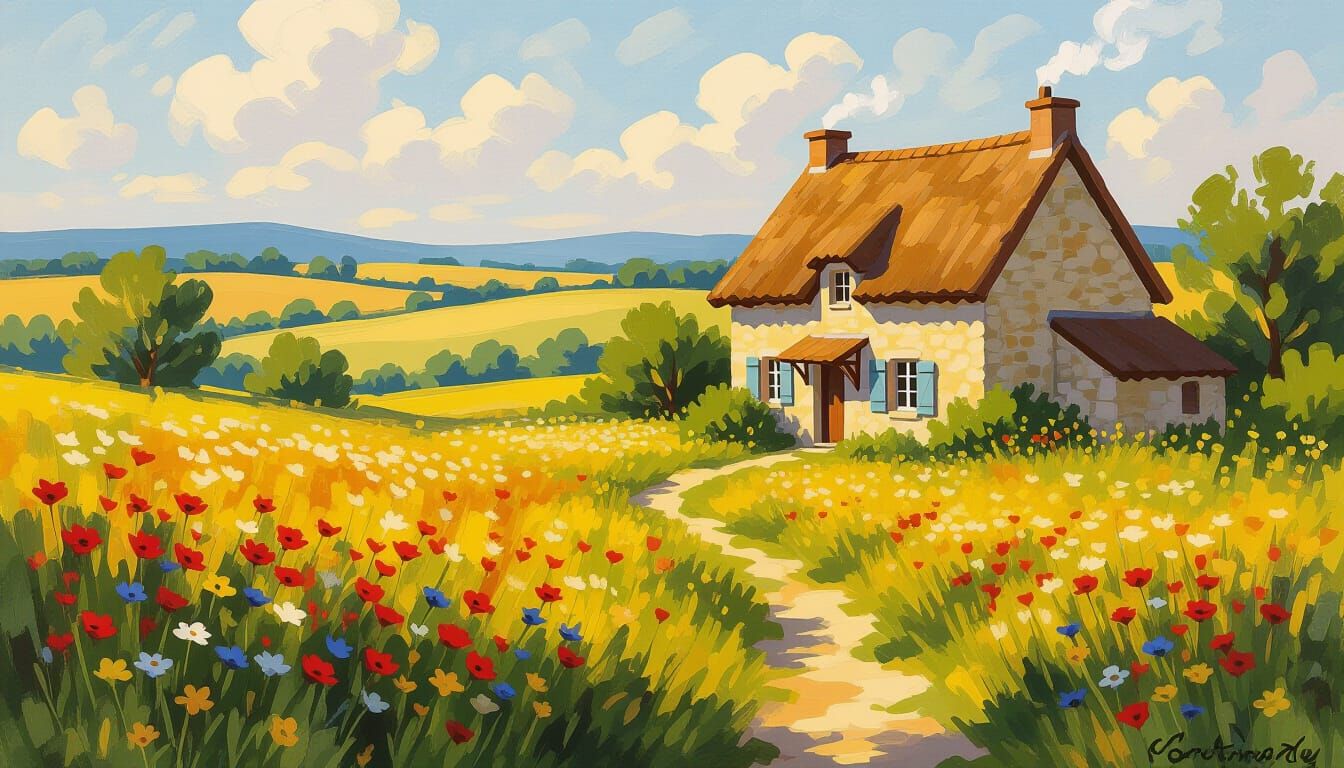 Sun-Drenched French Meadow with Wildflowers and Cottage