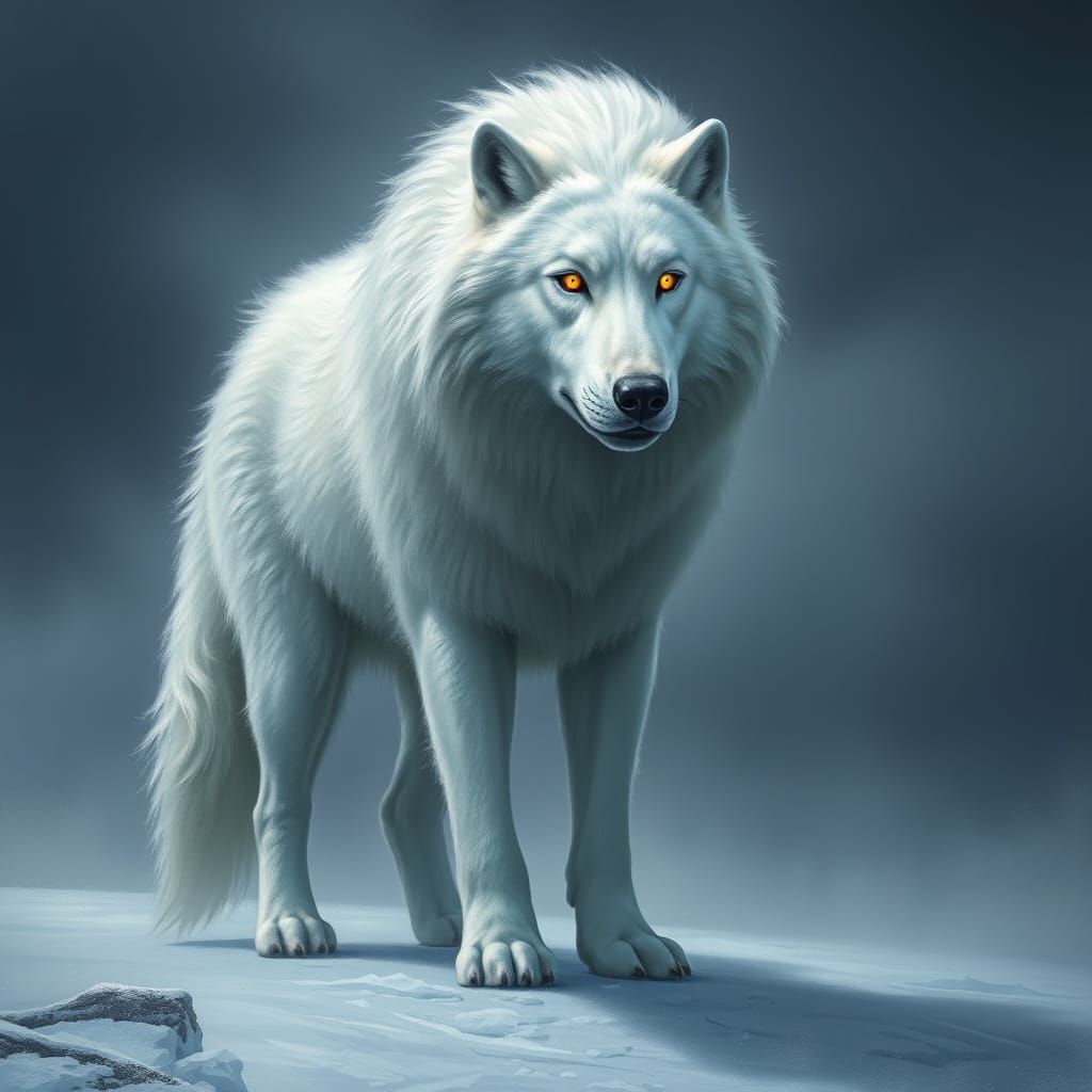 Majestic Snow-White Amarok in Fantastical Realism Style