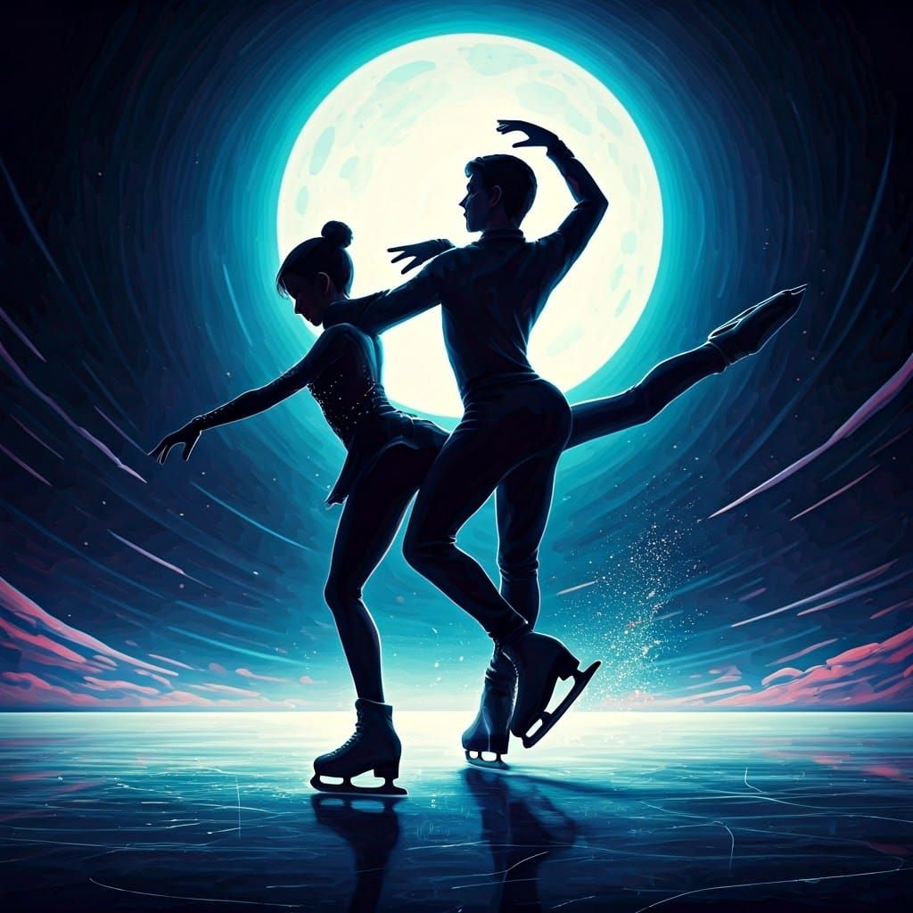 Elegant Ice Skaters Under Vibrant Moonlit Sky
