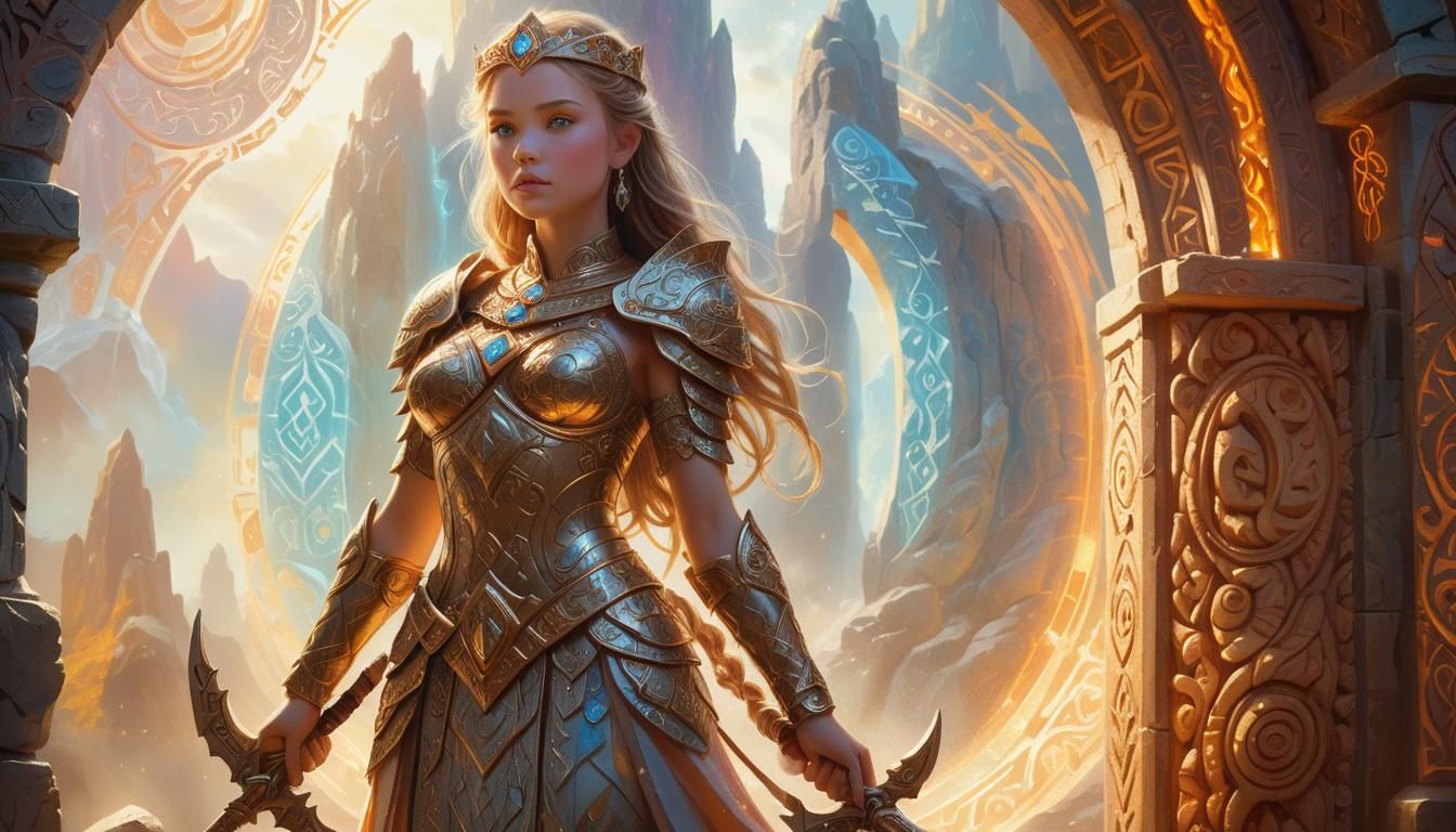 Majestic Warrior Princess Before Magical Portal