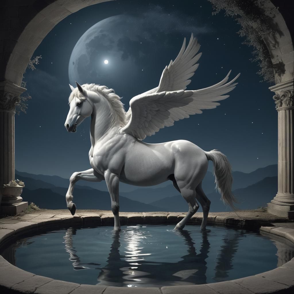 Pegasus Drinking in Moonlit Pool