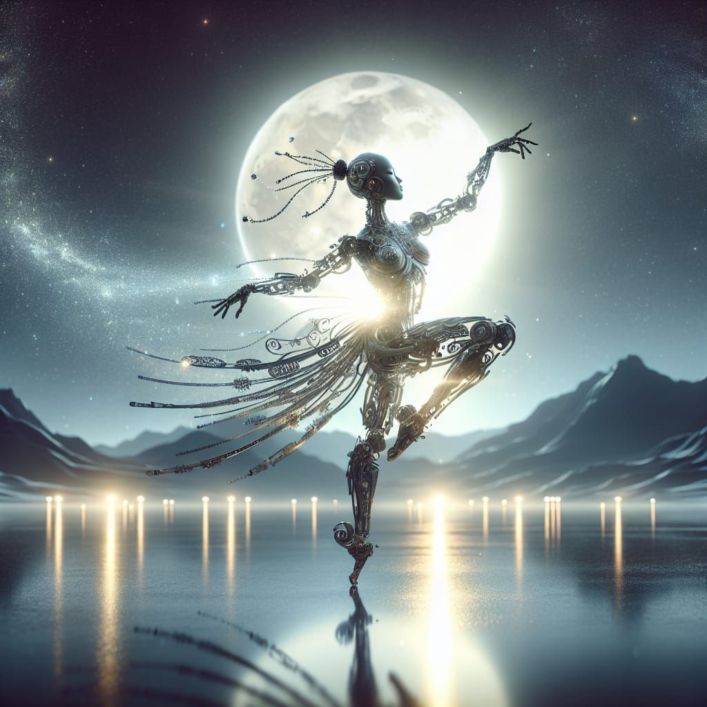 Eloquent Asian Cyborg Dances Under Moonlight