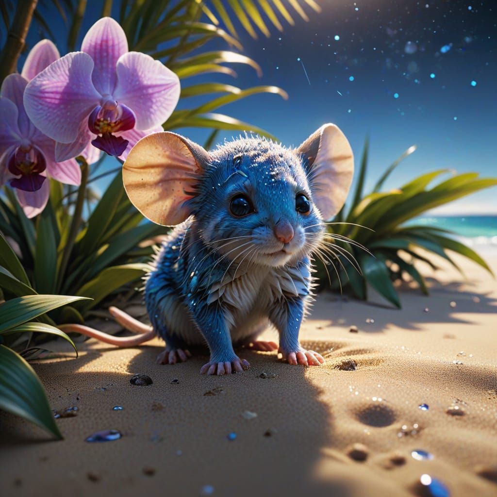 Shy Mouse Hiding on Bioluminescent Beach