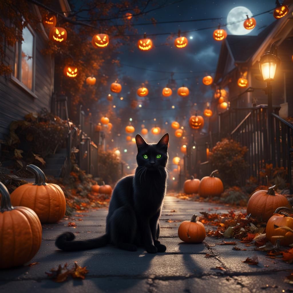 Halloween Black Cat in Suburb with Pumpkins