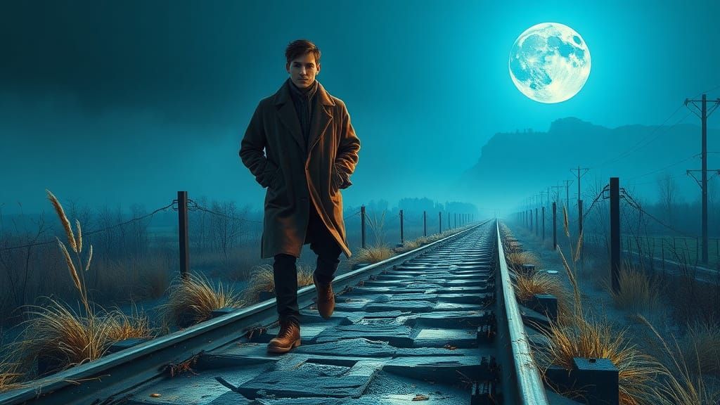 Young Man Walks Under a Glowing Blue Full Moon