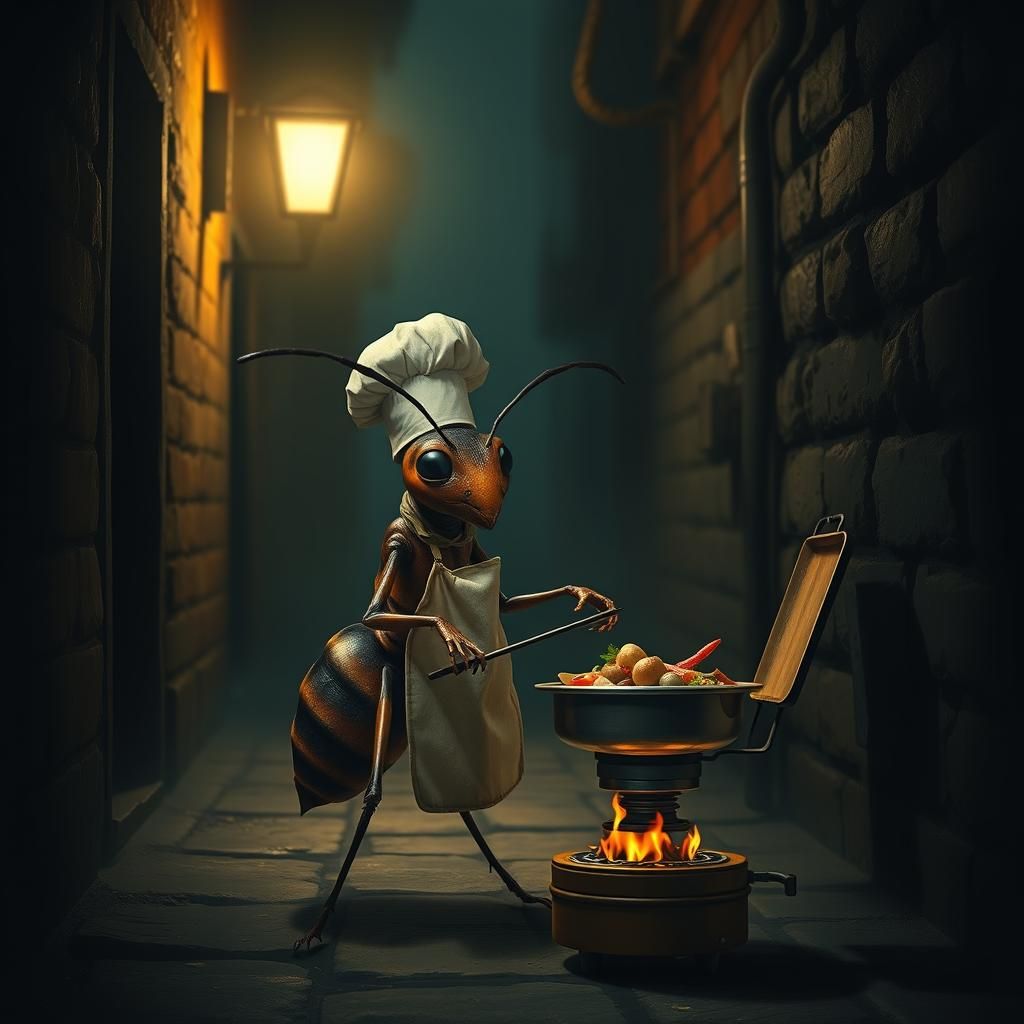 Chef Ant Cooking Gourmet Meal in Alley