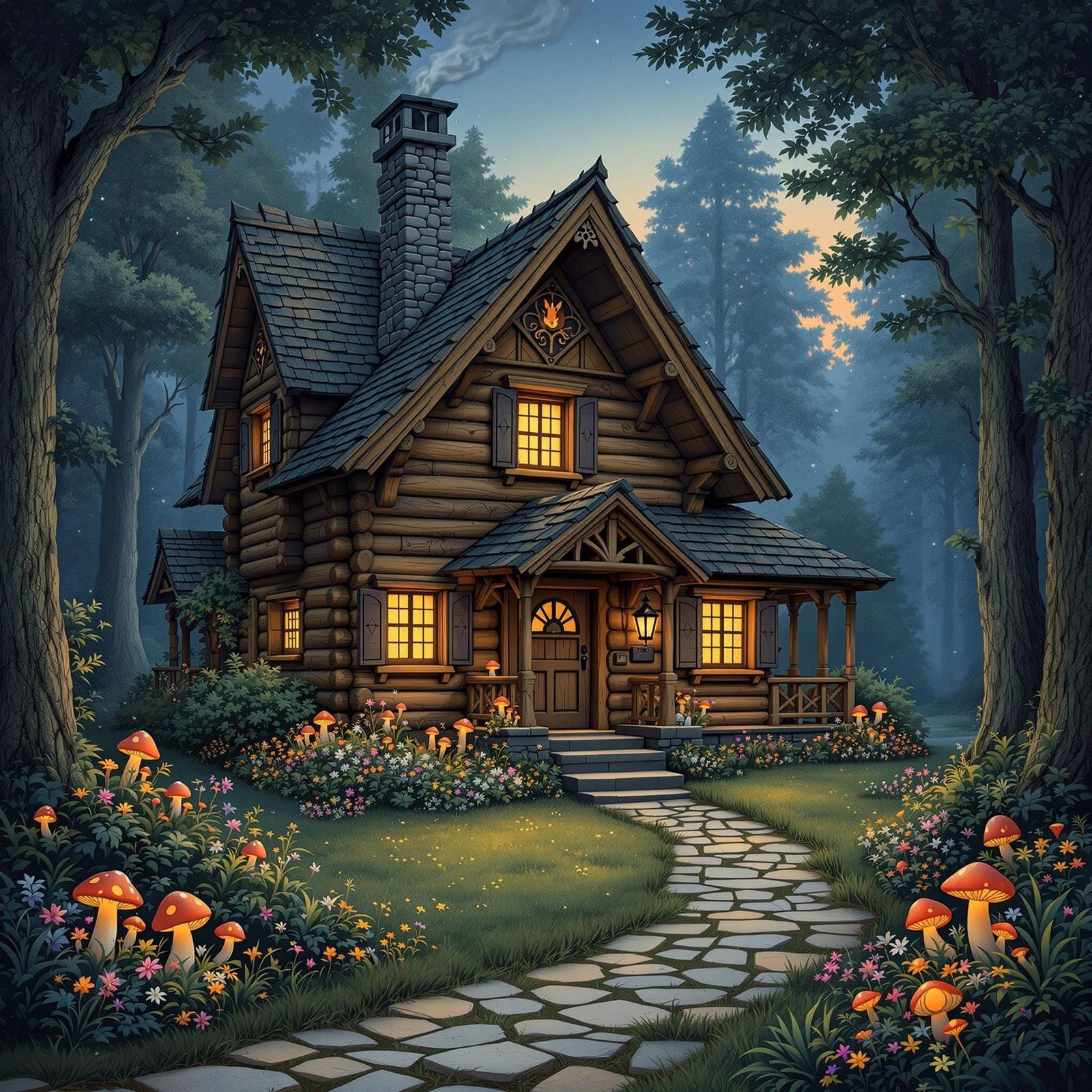 Enchanted Log Cabin in Forest, Whimsical Storybook Art
