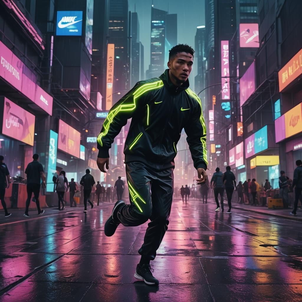 Man Running in Futuristic Neon Cityscape