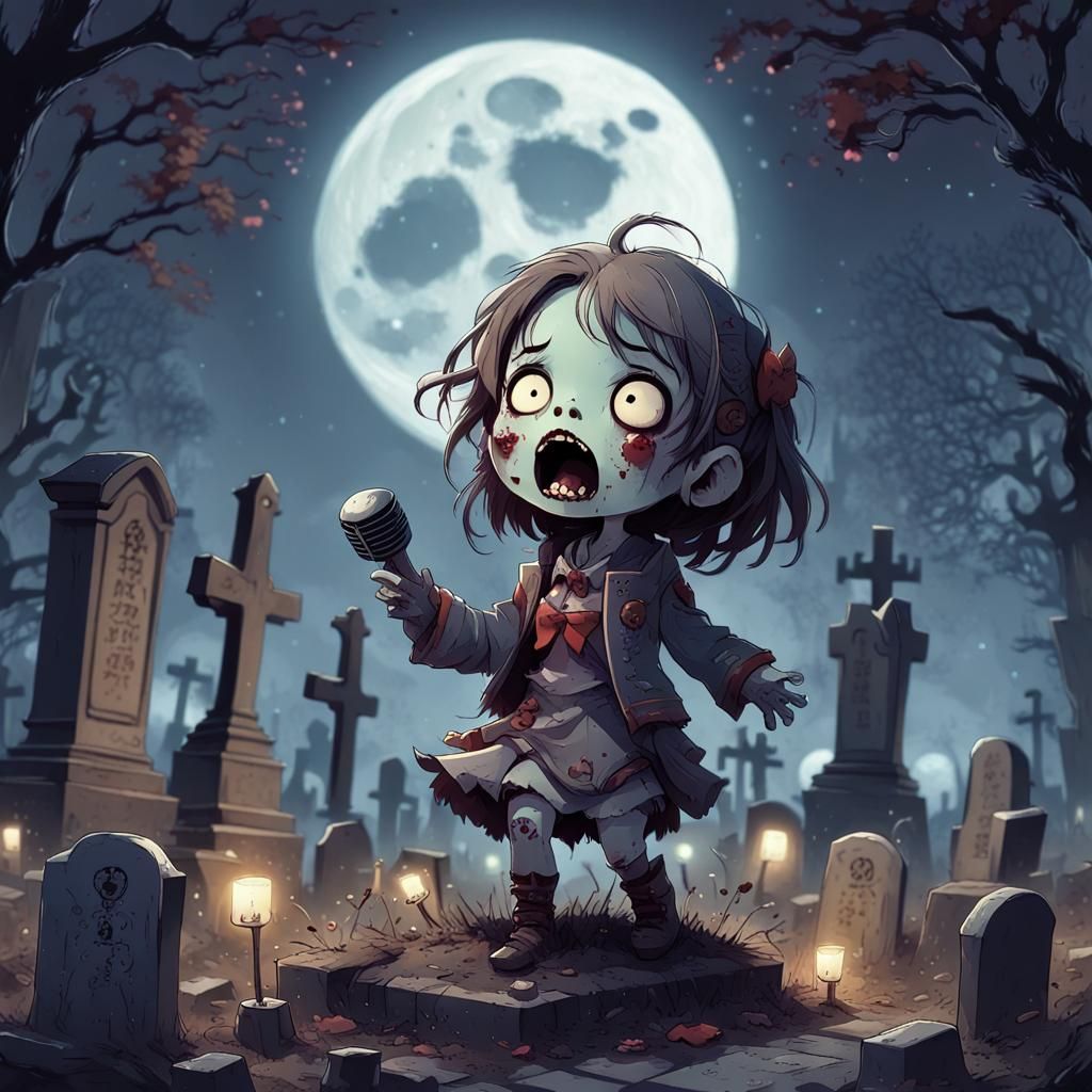 Chibi Zombie Serenade in Moonlit Graveyard