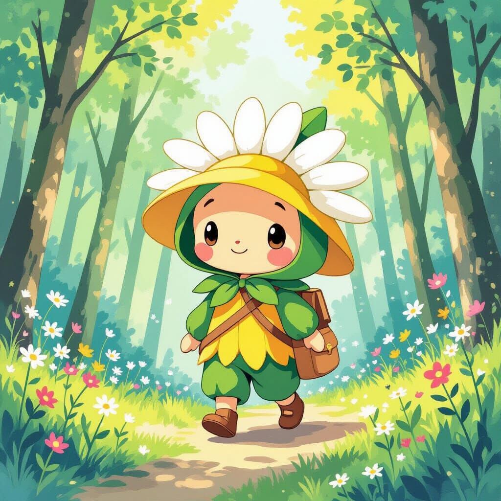 Cute Daisy Humanoid Walks Through Vibrant Forest