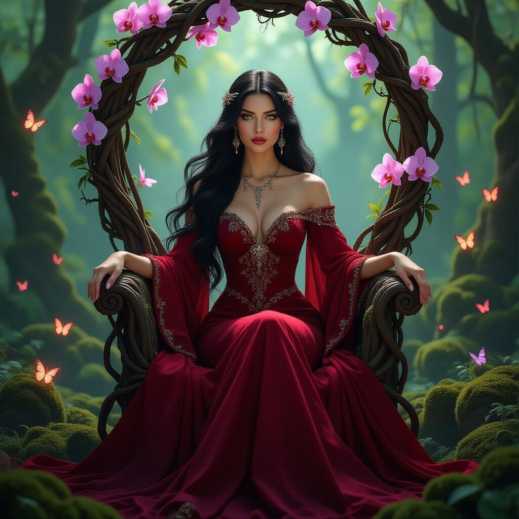 Crimson Queen in Hidden Grove, Romantic Fantasy Art