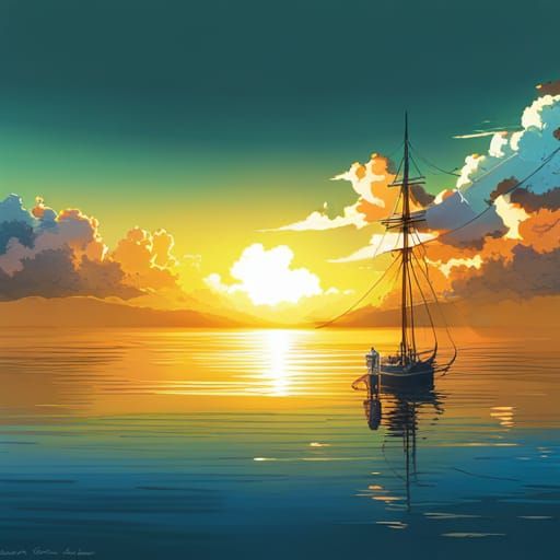 Sunset Over the Bay in Vibrant Anime Style