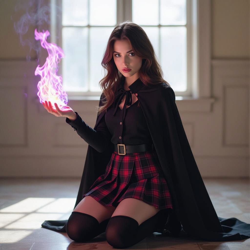 Warlock Girl Wielding Purple Flames in Cinematic Style
