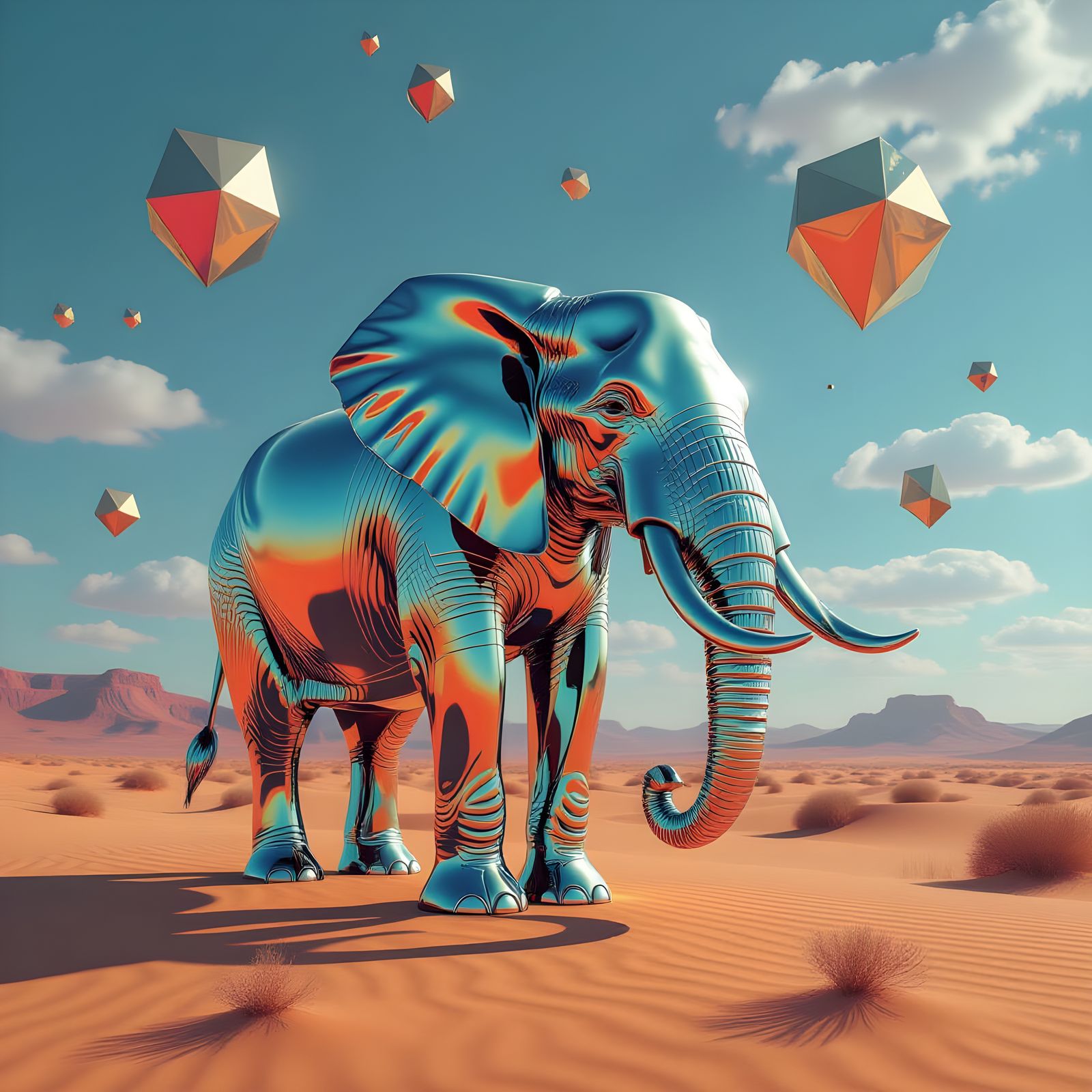 Liquid Metal Elephant in Surreal Desert Landscape