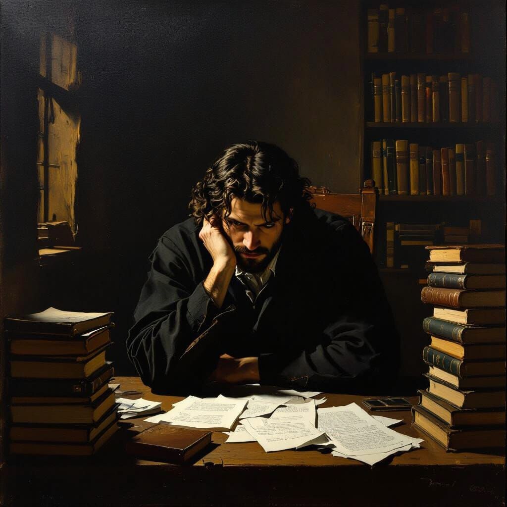 Oil Painting of Solitary Figure in Dramatic Light