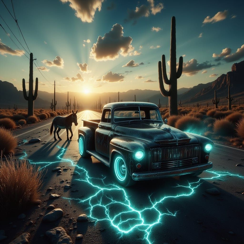 Vintage F-100 Hotrod Cruises Route 66 in Desert Sunset