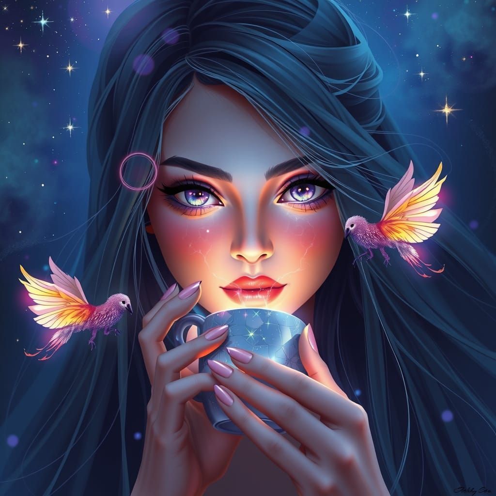 Enchanting Woman with Radiant Violet Eyes and Glowing Magica...