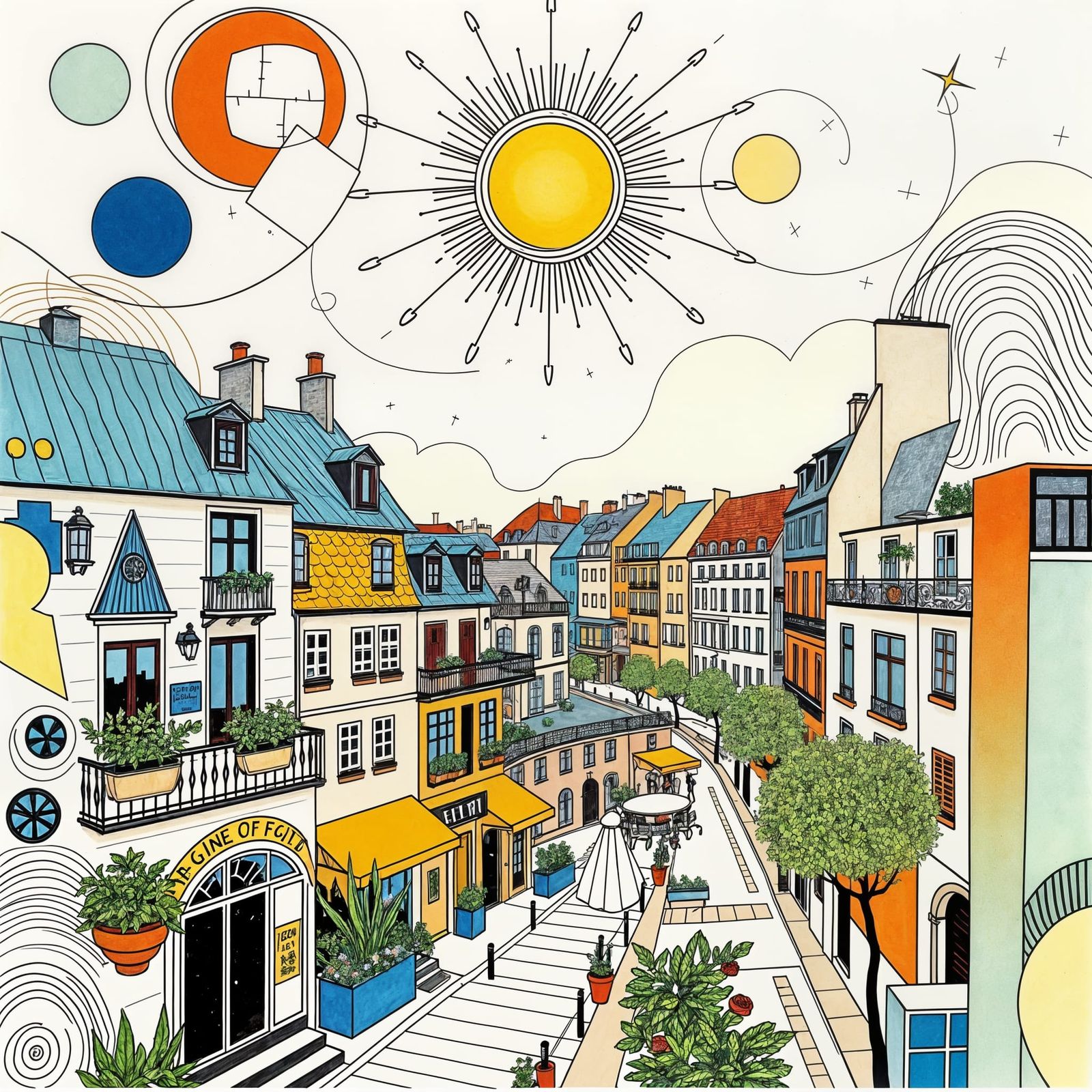 Art Nouveau Cityscape with Abstract Micro Forms