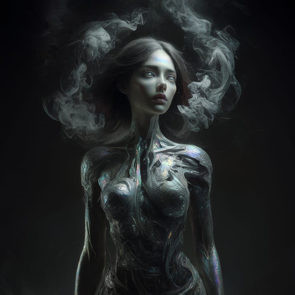 Ethereal Iridescent Figure Gazing into Space