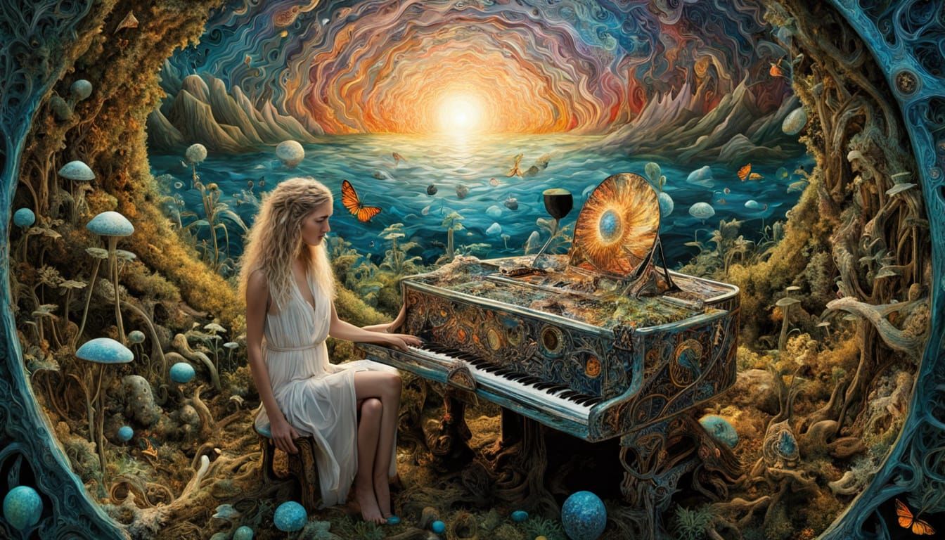 Surrealist Art Piece: Ethereal Poets in a Cosmic Galaxy