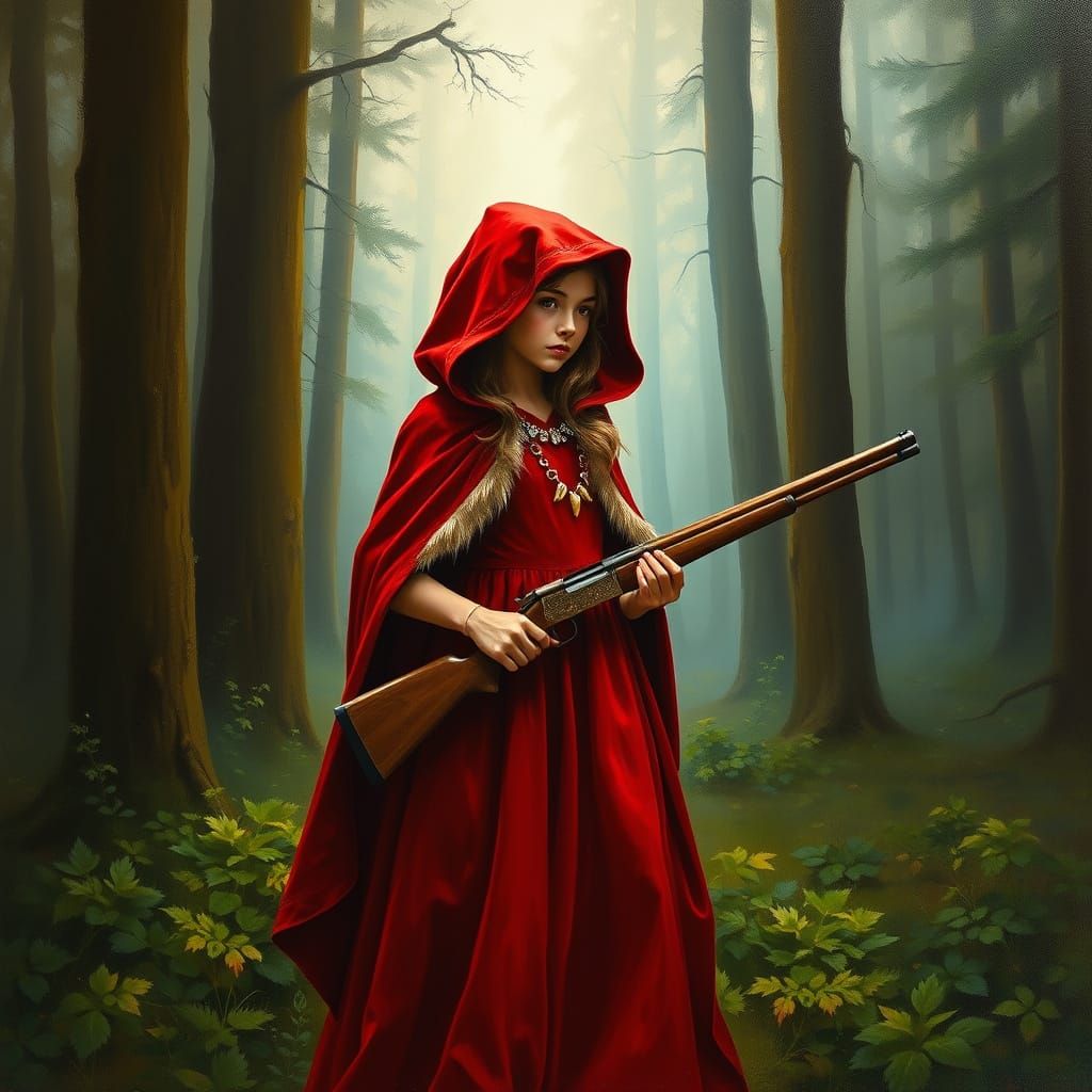 Little Red Riding Hood in Opulent Forest, as Oil Painting