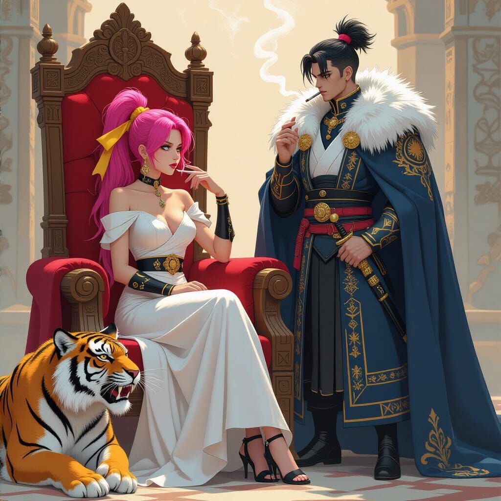 Osana on Throne with Tiger in Cyber-Futurist Style