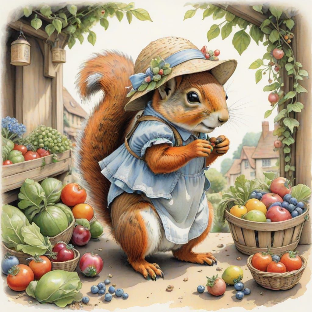 Squirrel in Bonnet: Brambly Hedge Style Illustration