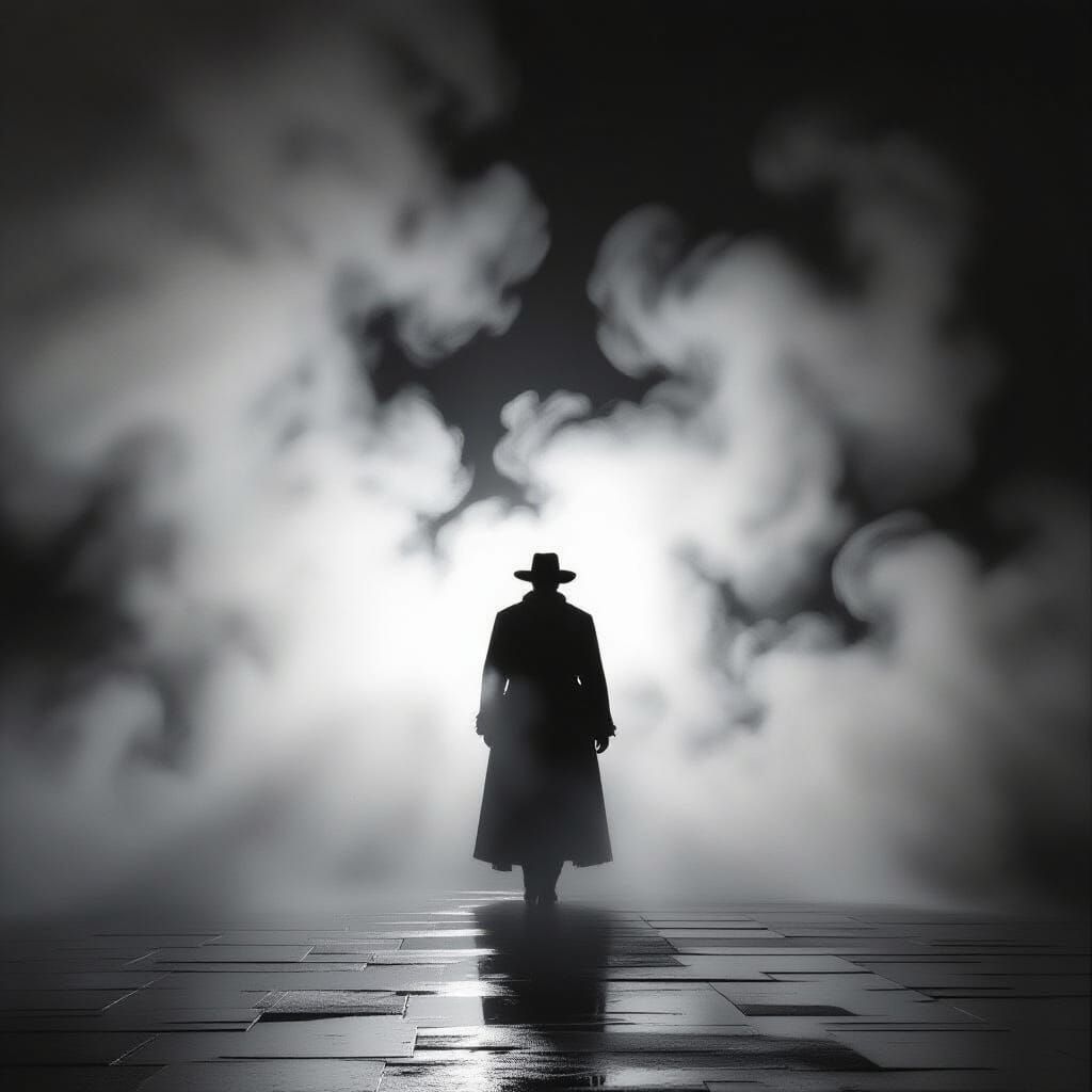 Fleeting Shadow Amidst Swirling Steam in Chiaroscuro Style