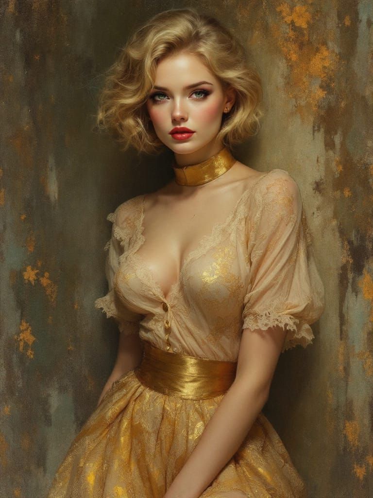 Blonde Pin-Up in Gold Lace Skirt, Tonalist Style