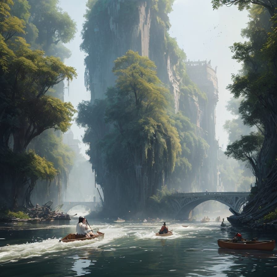 Parisian Woman Canoeing River: Hypermaximalist Render