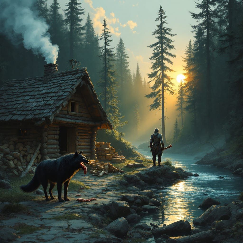 Forest Longhouse and Ranger with Wolf at Sunrise