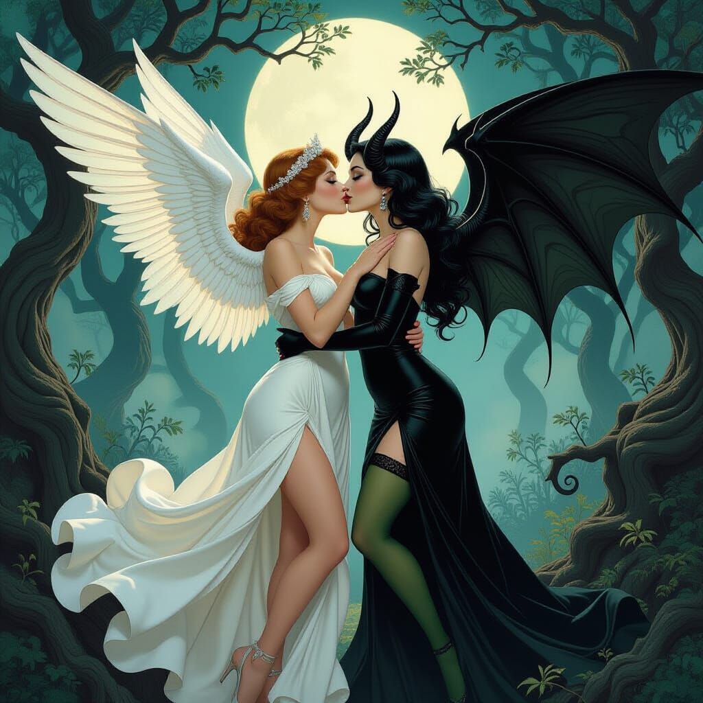 Angelic Lady Kissing Demon in Moonlit Forest