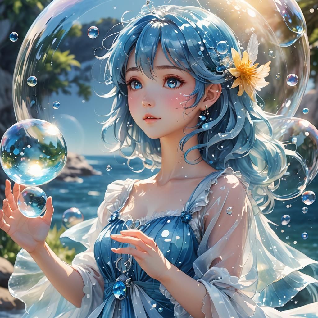 Water Fairy on Bubble in 3D Anime Art