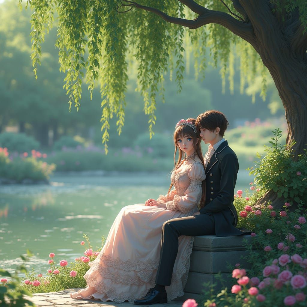 Victorian Woman with Anime Character in Lush Garden