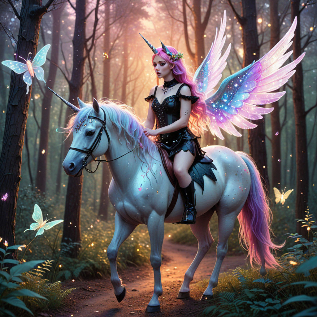 Whimsical Fairy Rides Unicorn in a Vibrant, Glittering Fores...